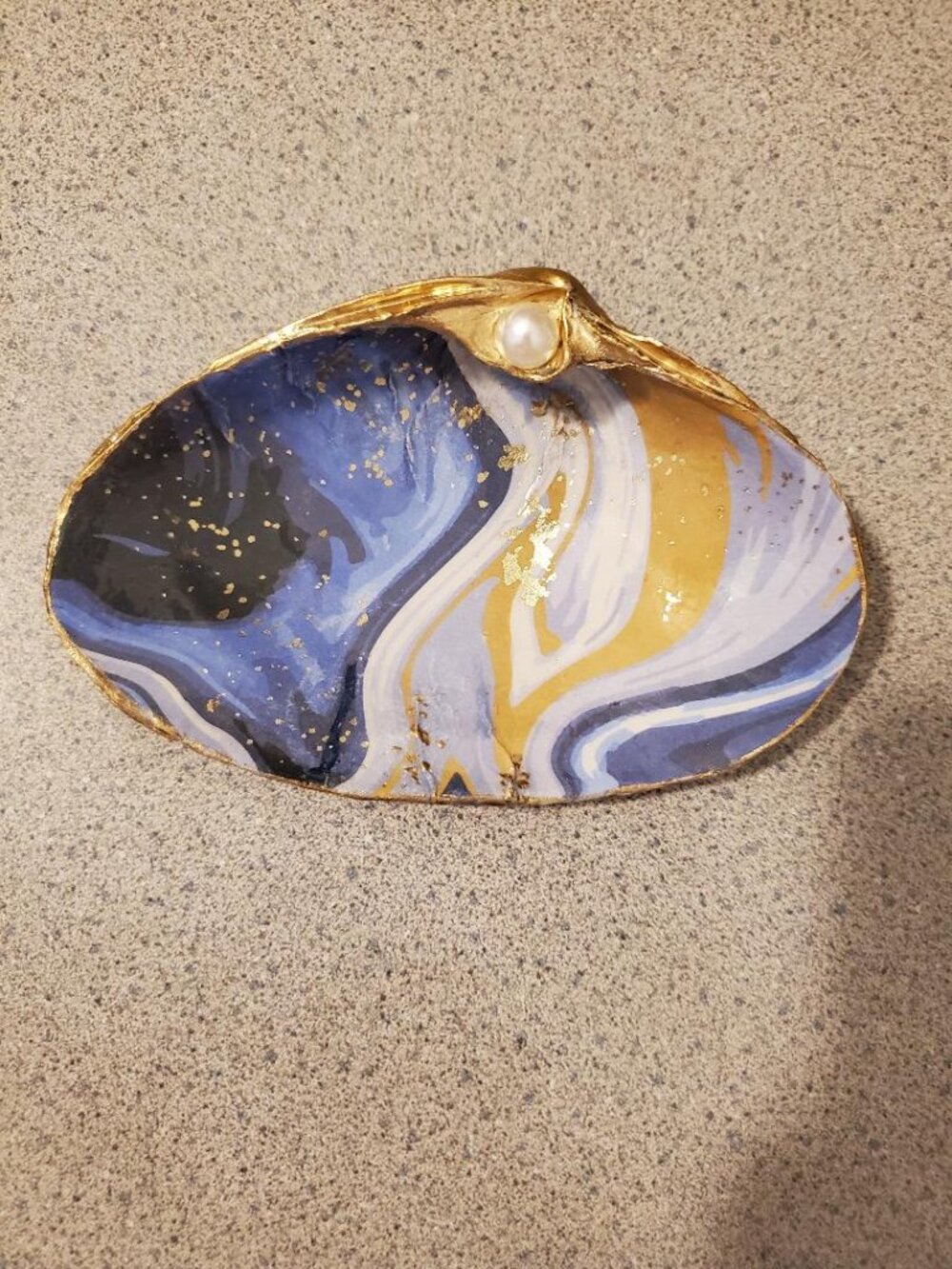 Shell Art Decoupaged Gold Blue Swirl Design, Gold Leaf Trim Trinket Dish